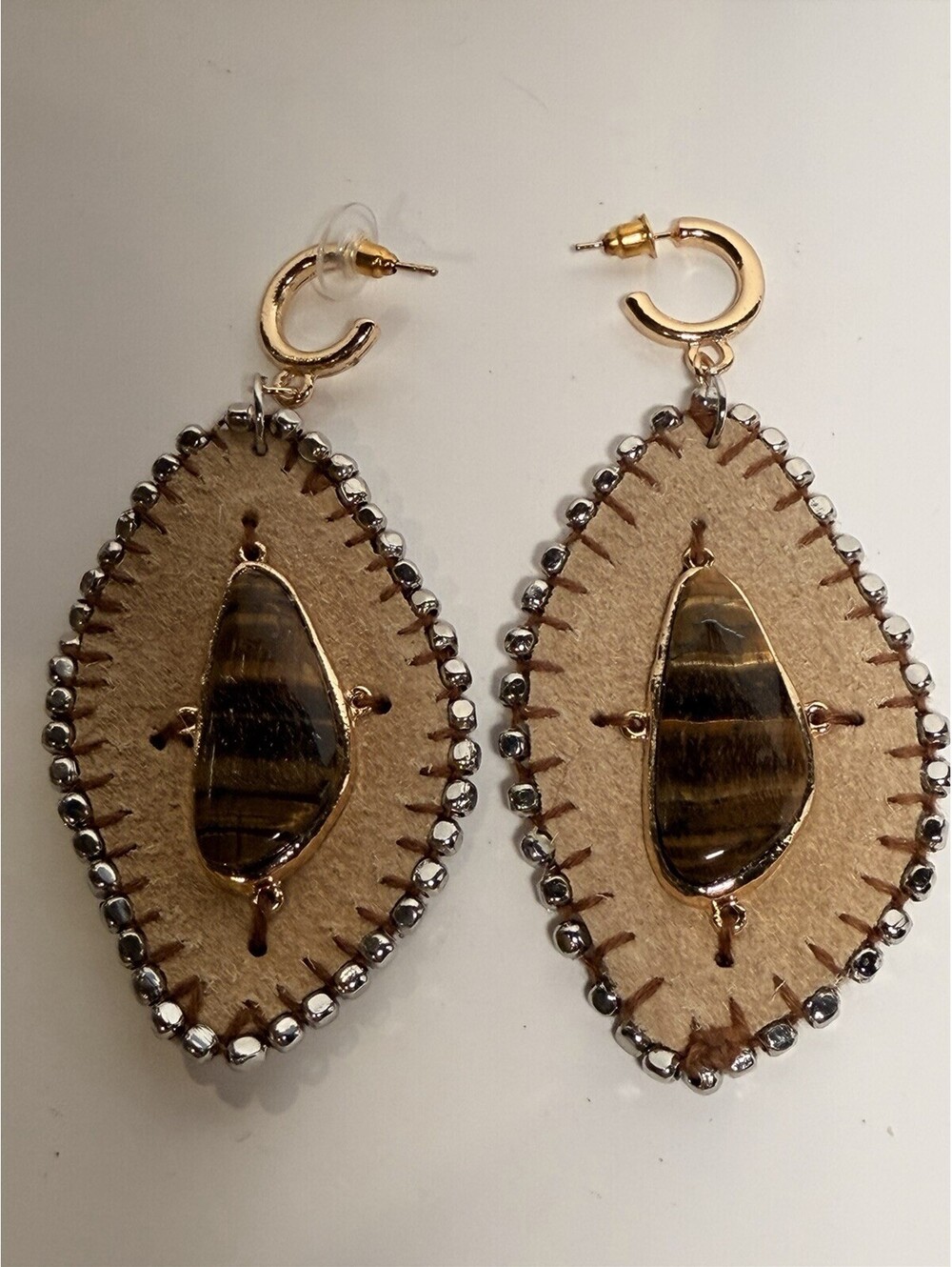 Free People Hettie Dangle Earrings Gold Tone Bohemian Boho Hippie Leather /Stone
